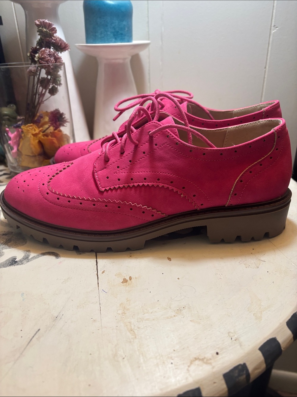Journee Collection Hot Pink Suede Wingtip Oxford Flats